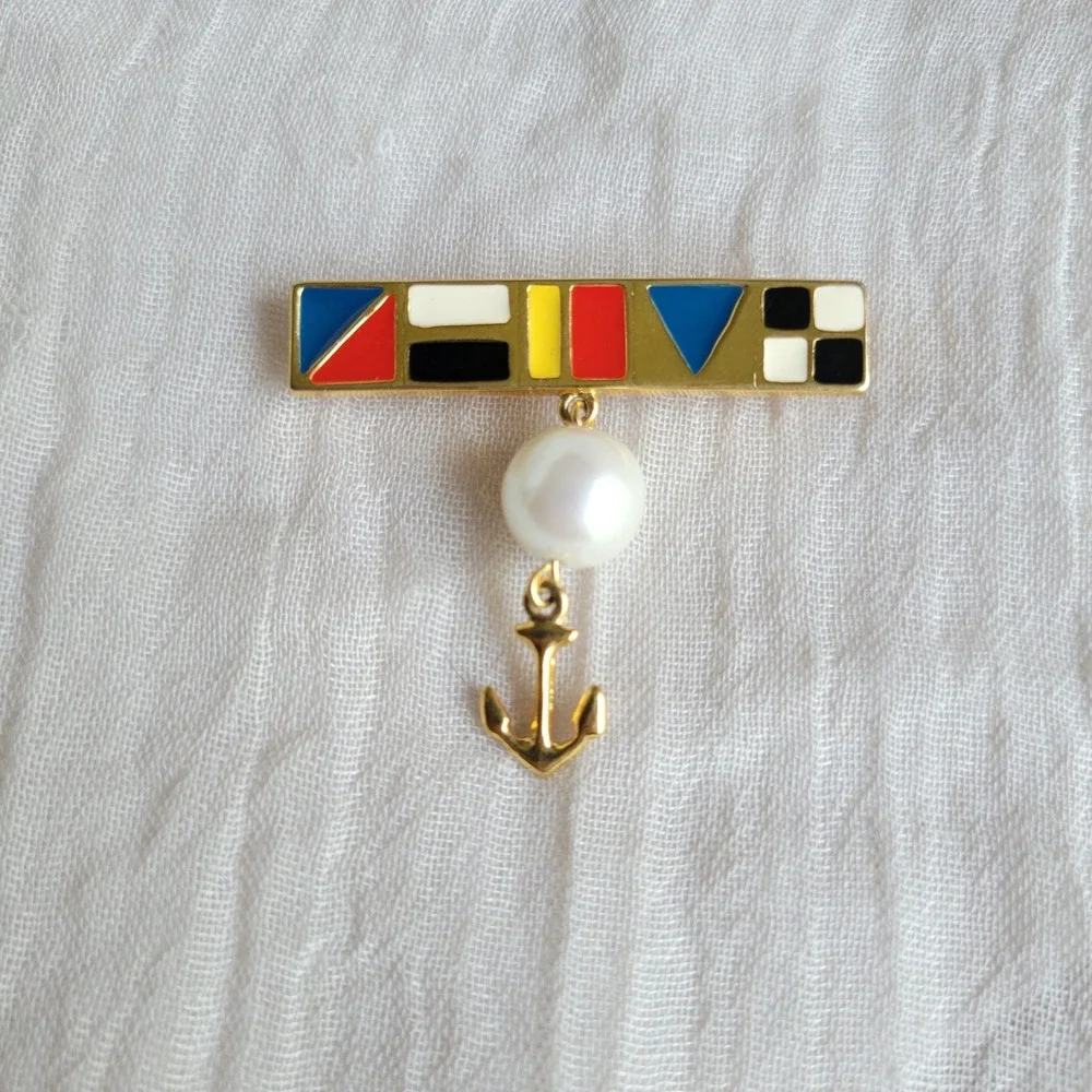 Vintage 1990s Marvella Nautical Enamel Bar Brooch Gold Pearl Anchor Pin